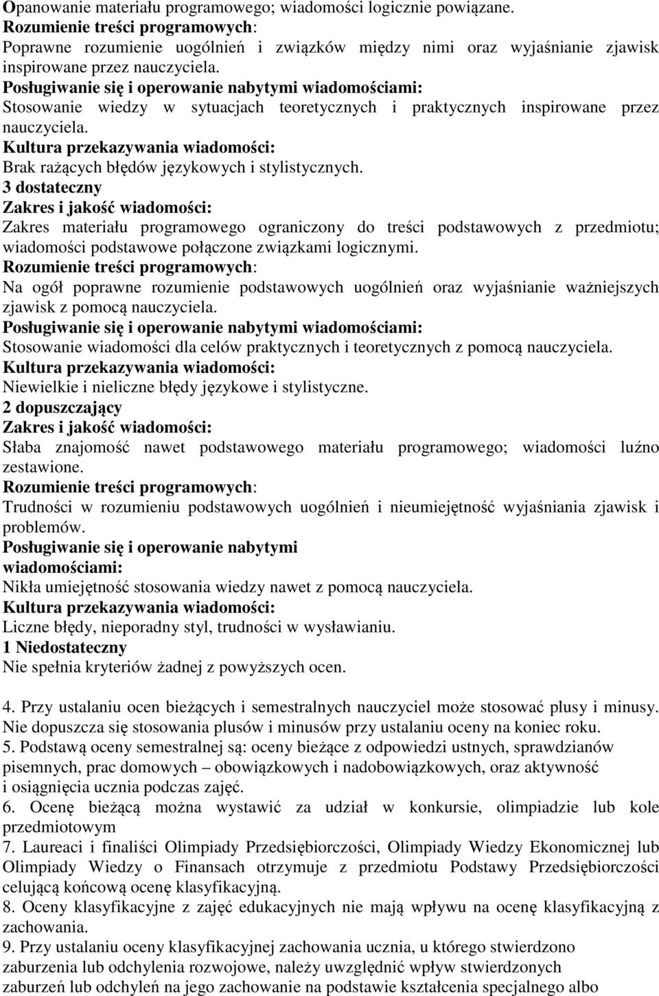 3 dostateczny Zakres materiału programowego ograniczony do treści podstawowych z przedmiotu; wiadomości podstawowe połączone związkami logicznymi.