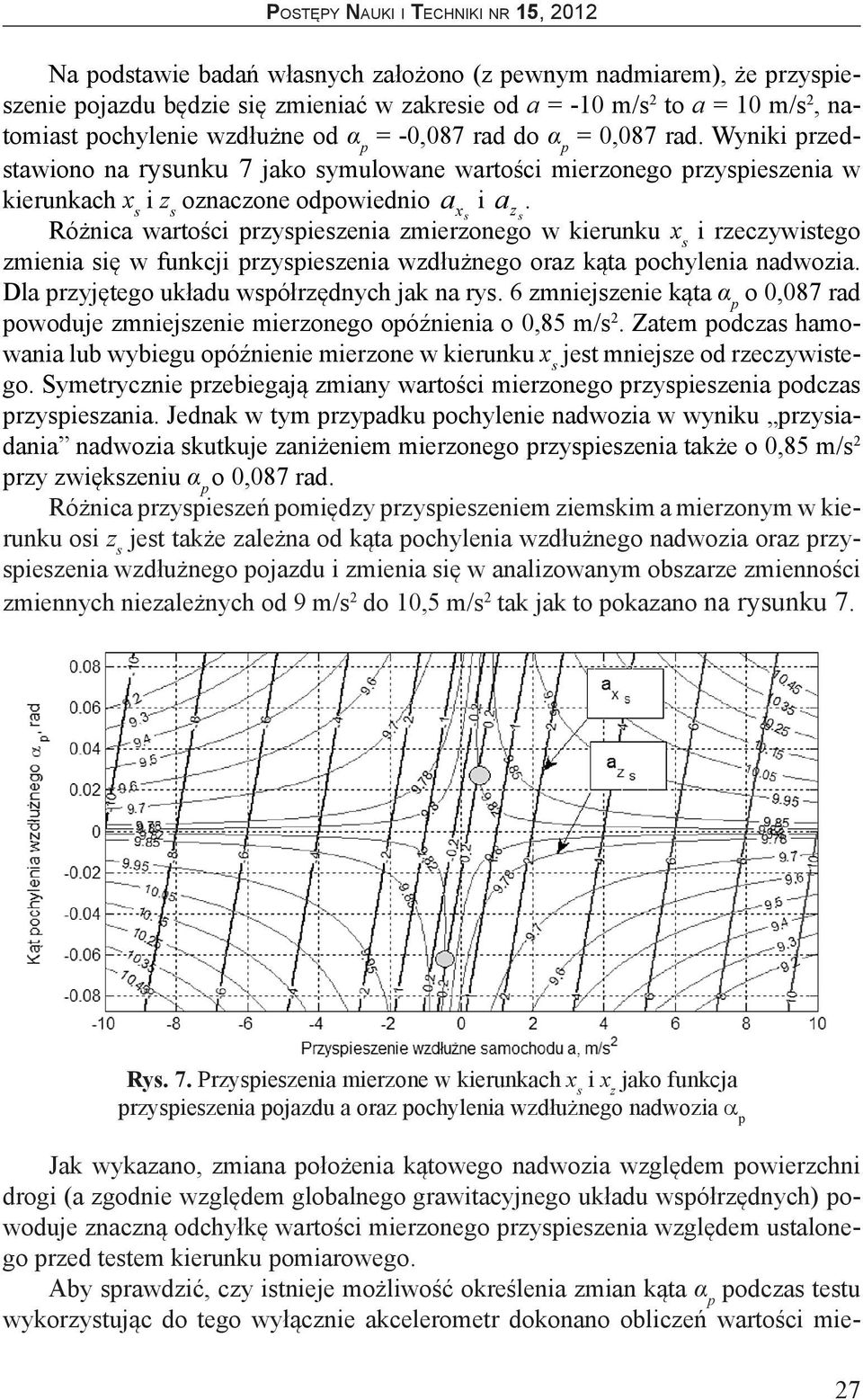 zmierzonego w kierunku x s i rzeczywistego zmienia się w funkcji przyspieszenia wzdłużnego oraz kąta pochylenia nadwozia Dla przyjętego układu współrzędnych jak na rys 6 zmniejszenie kąta α p o 0,087