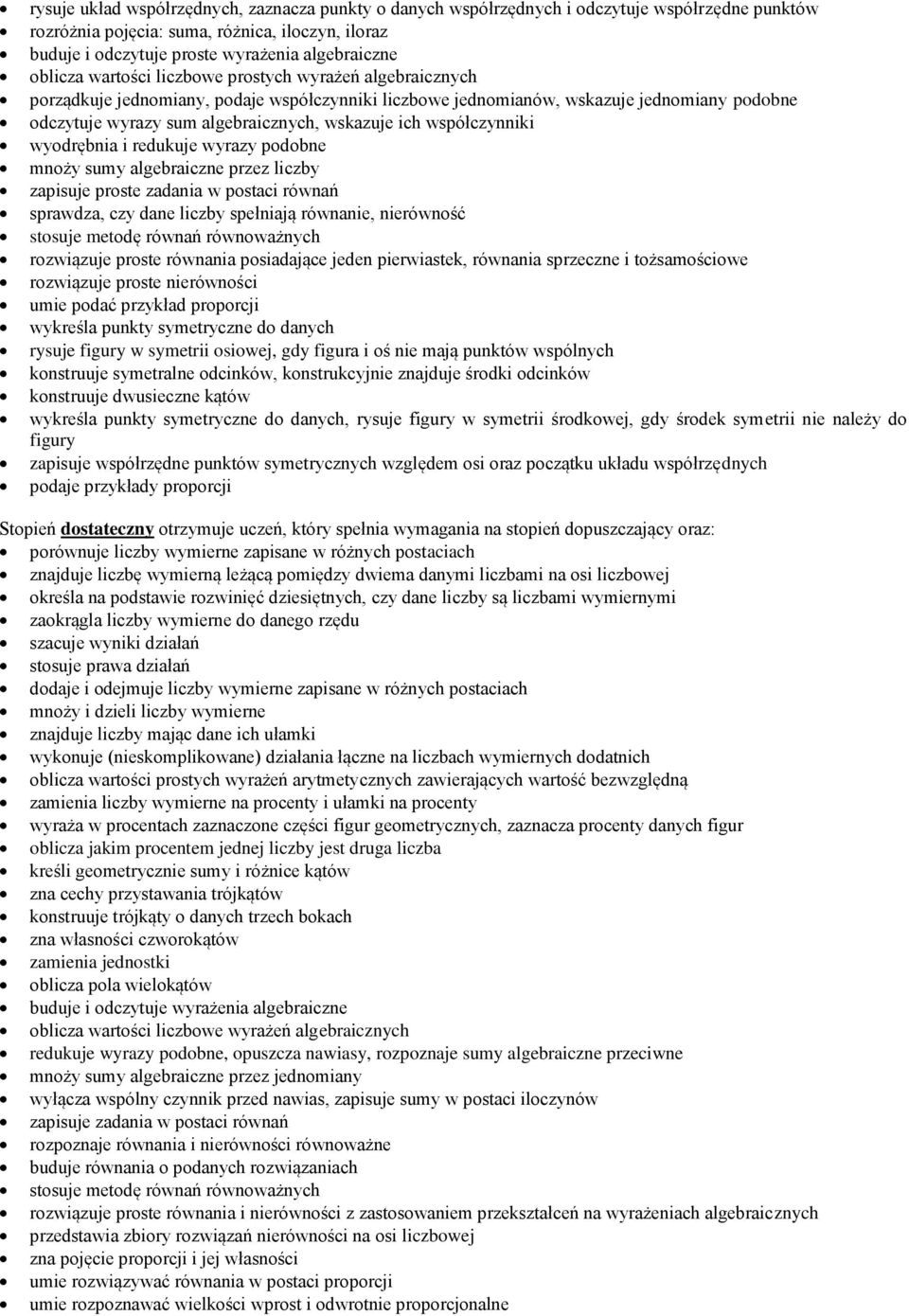 ich współczynniki wyodrębnia i redukuje wyrazy podobne mnoży sumy algebraiczne przez liczby zapisuje proste zadania w postaci równań sprawdza, czy dane liczby spełniają równanie, nierówność stosuje