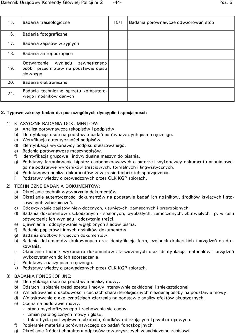 Typowe zakresy badań dla poszczególnych dyscyplin i specjalności: 1) KLASYCZNE BADANIA DOKUMENTÓW: a) Analiza porównawcza rękopisów i podpisów.