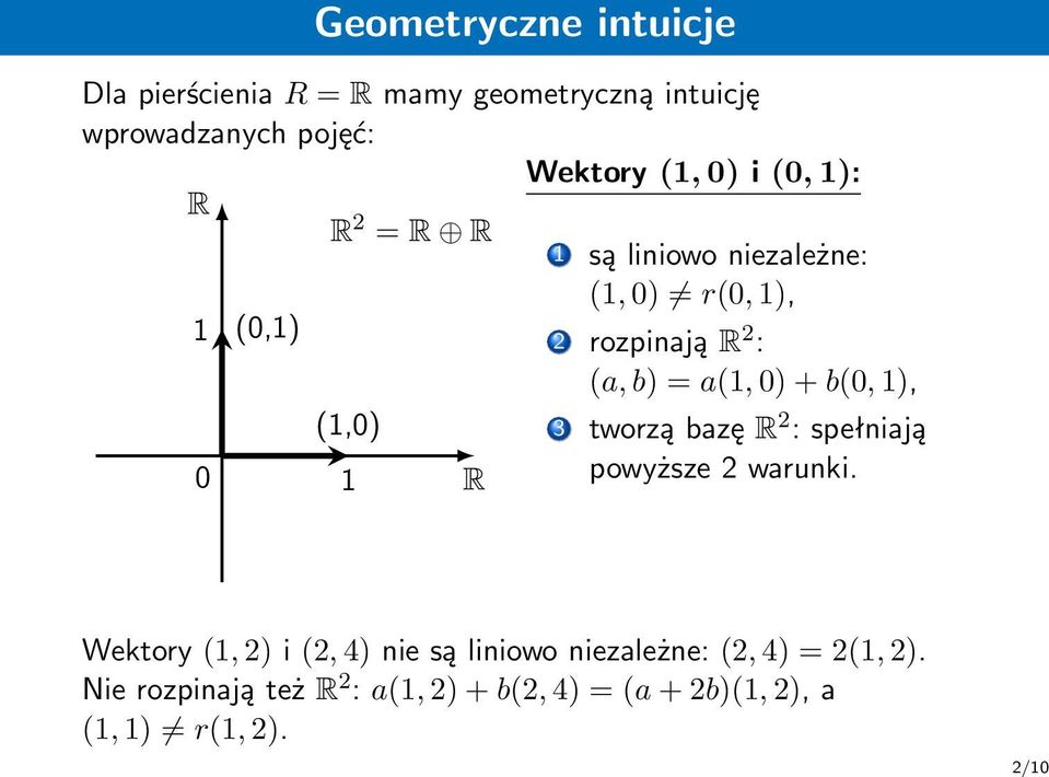 b(0, 1), (1,0) 3 tworzą bazę R 2 : spełniają 0 1 R powyższe 2 warunki.