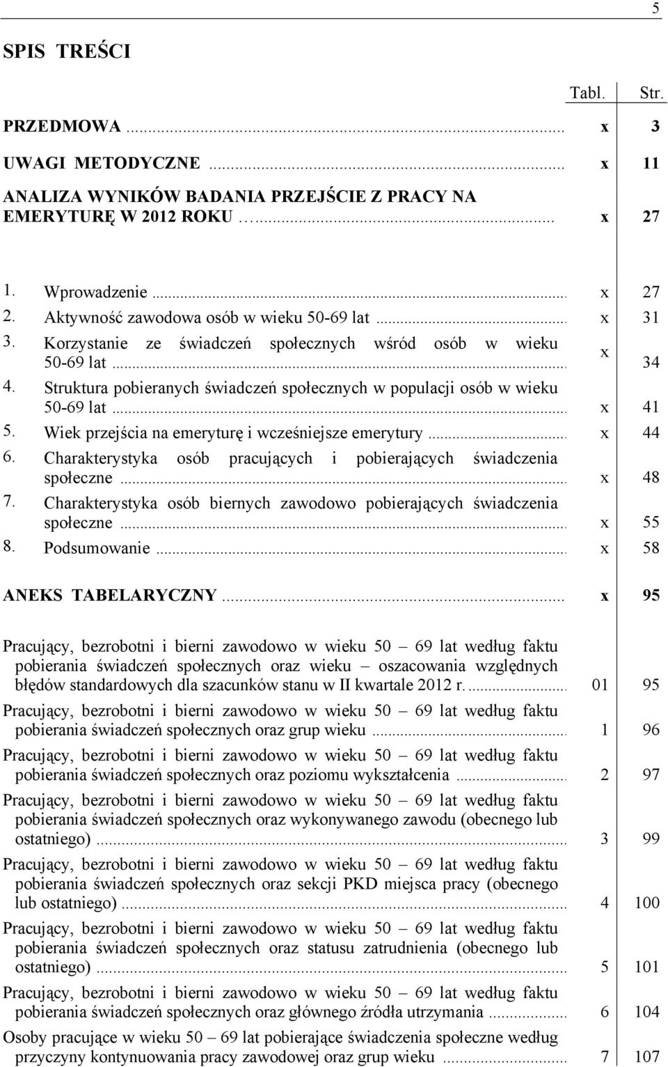 Struktura pobieranych świadczeń społecznych w populacji osób w wieku 50-69 lat... x 41 5. Wiek przejścia na emeryturę i wcześniejsze emerytury... x 44 6.