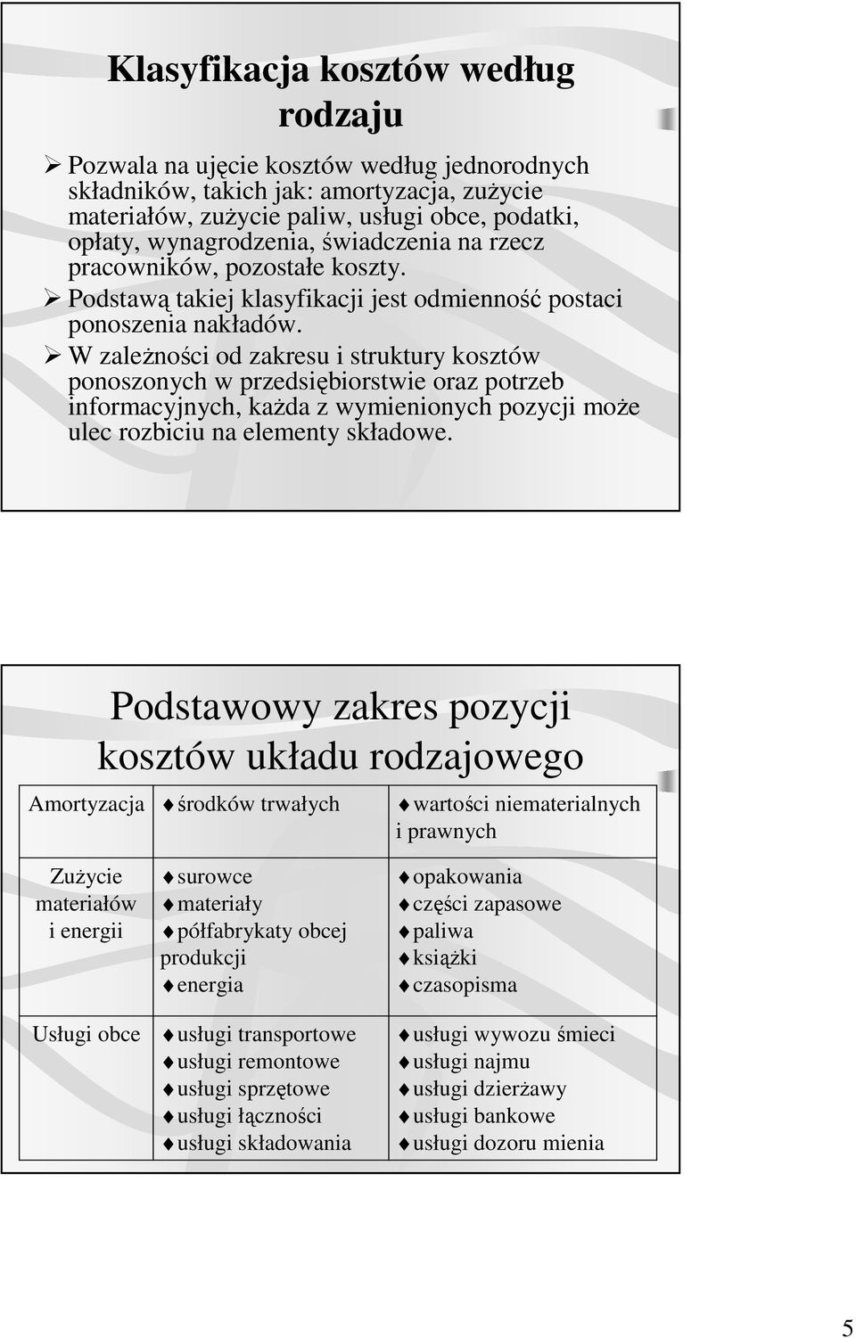 W zaleŝności od zakresu i struktury kosztów ponoszonych w przedsiębiorstwie oraz potrzeb informacyjnych, kaŝda z wymienionych pozycji moŝe ulec rozbiciu na elementy składowe.