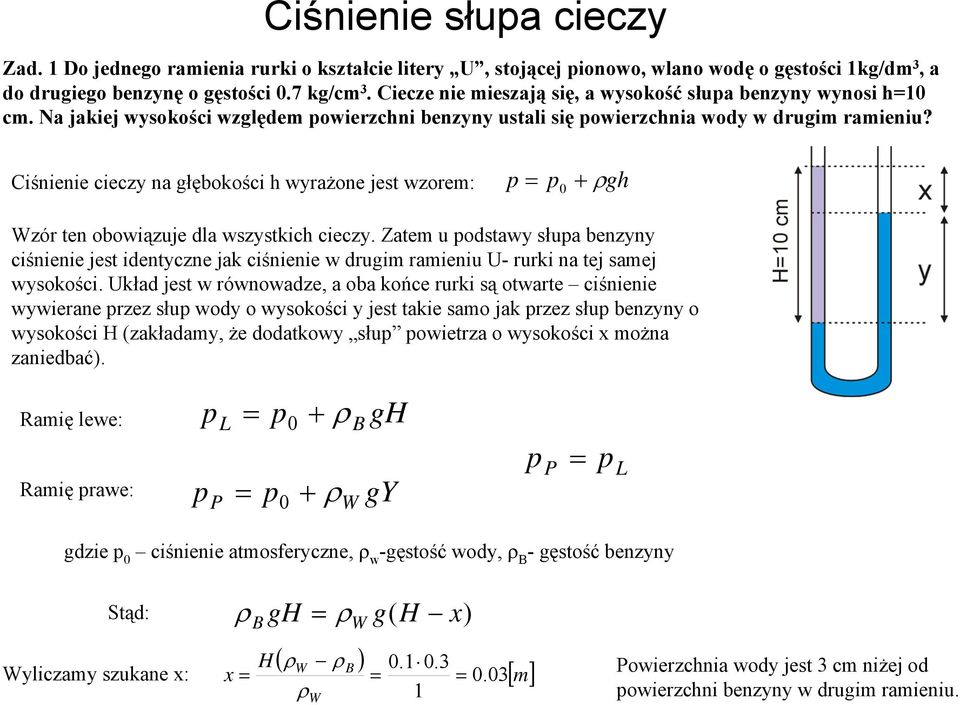 Ciśnienie cieczy na głębokości h wyrażone jest wzorem: 0 + gh zór ten obowiązuje dla wszystkich cieczy.