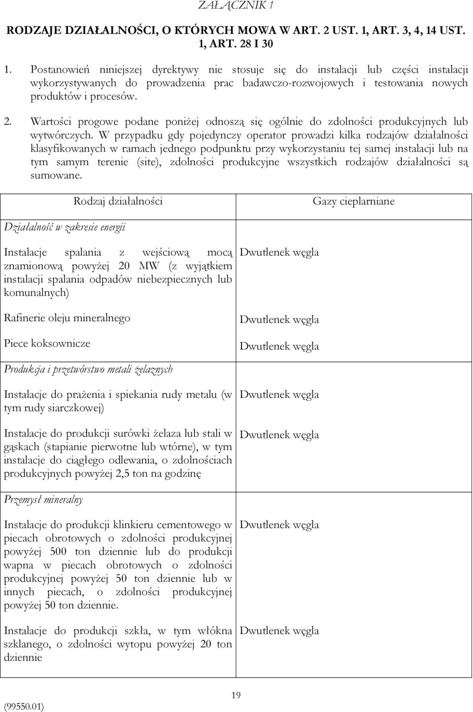 Wartości progowe podane poniżej odnoszą się ogólnie do zdolności produkcyjnych lub wytwórczych.