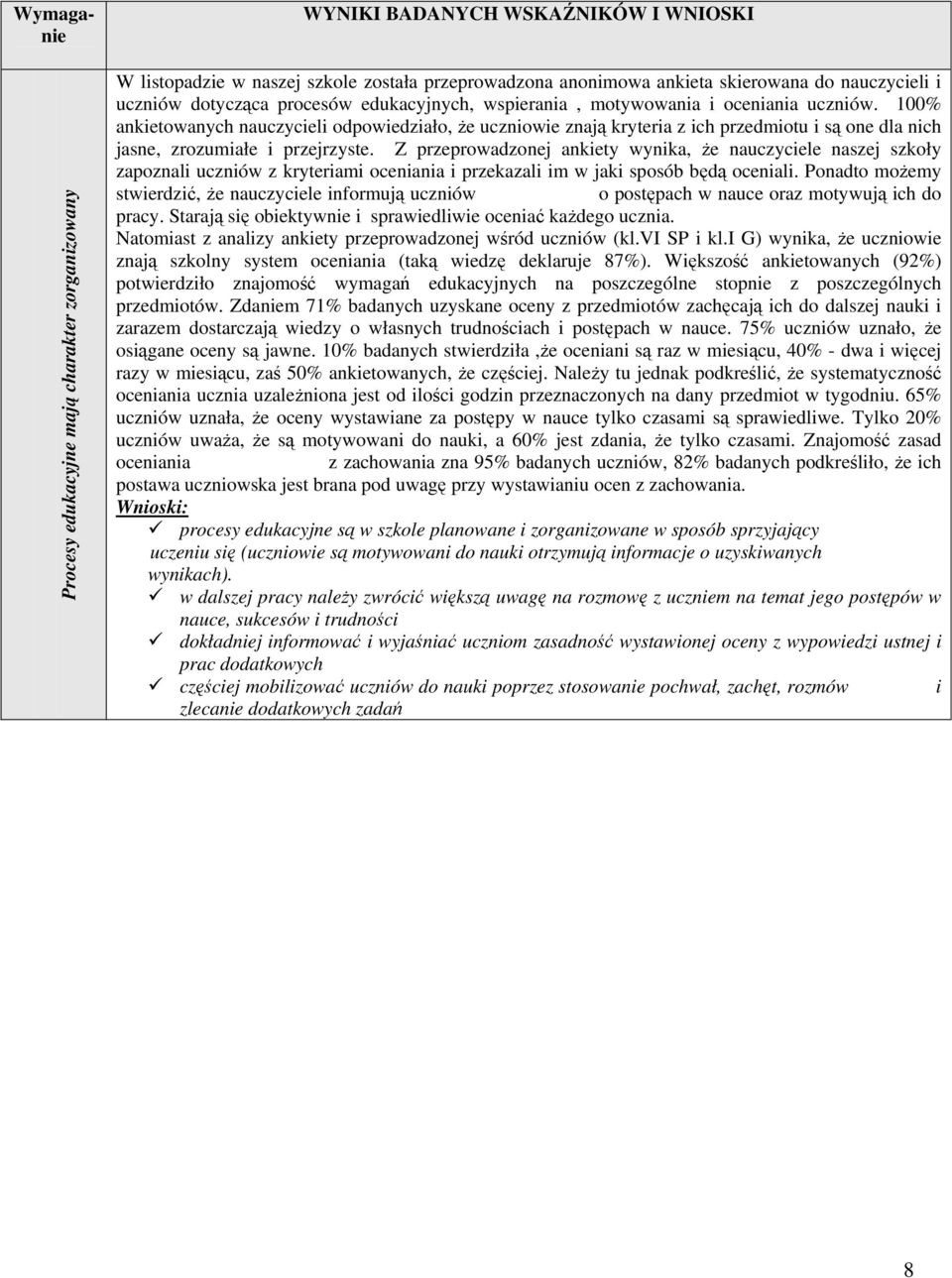 100% ankietowanych nauczycieli odpowiedziało, że uczniowie znają kryteria z ich przedmiotu i są one dla nich jasne, zrozumiałe i przejrzyste.