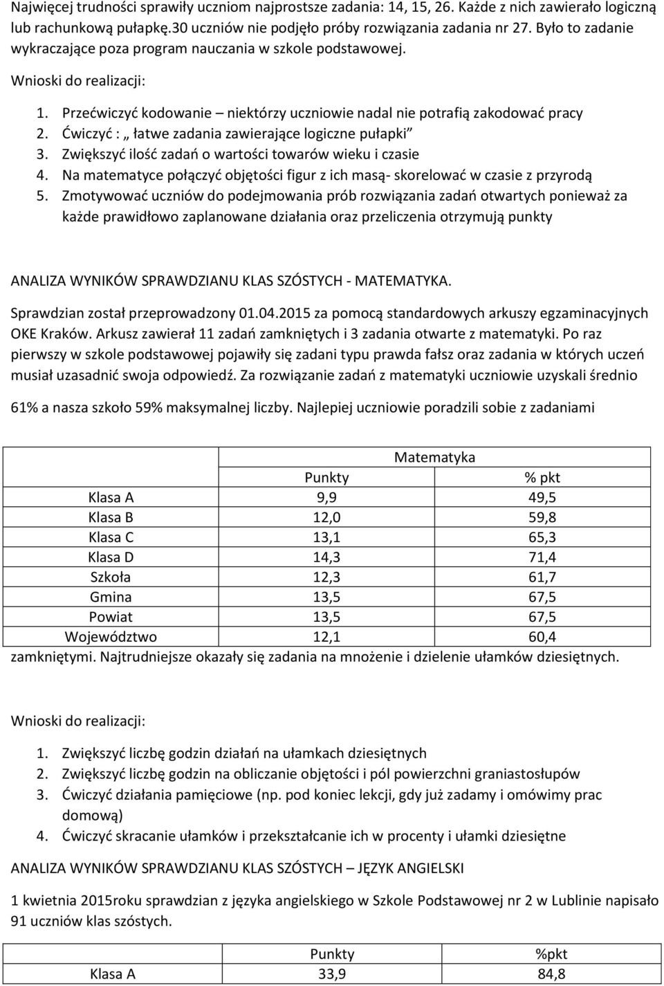 Ćwiczyć : łatwe zadania zawierające logiczne pułapki 3. Zwiększyć ilość zadań o wartości towarów wieku i czasie 4. Na matematyce połączyć objętości figur z ich masą- skorelować w czasie z przyrodą 5.