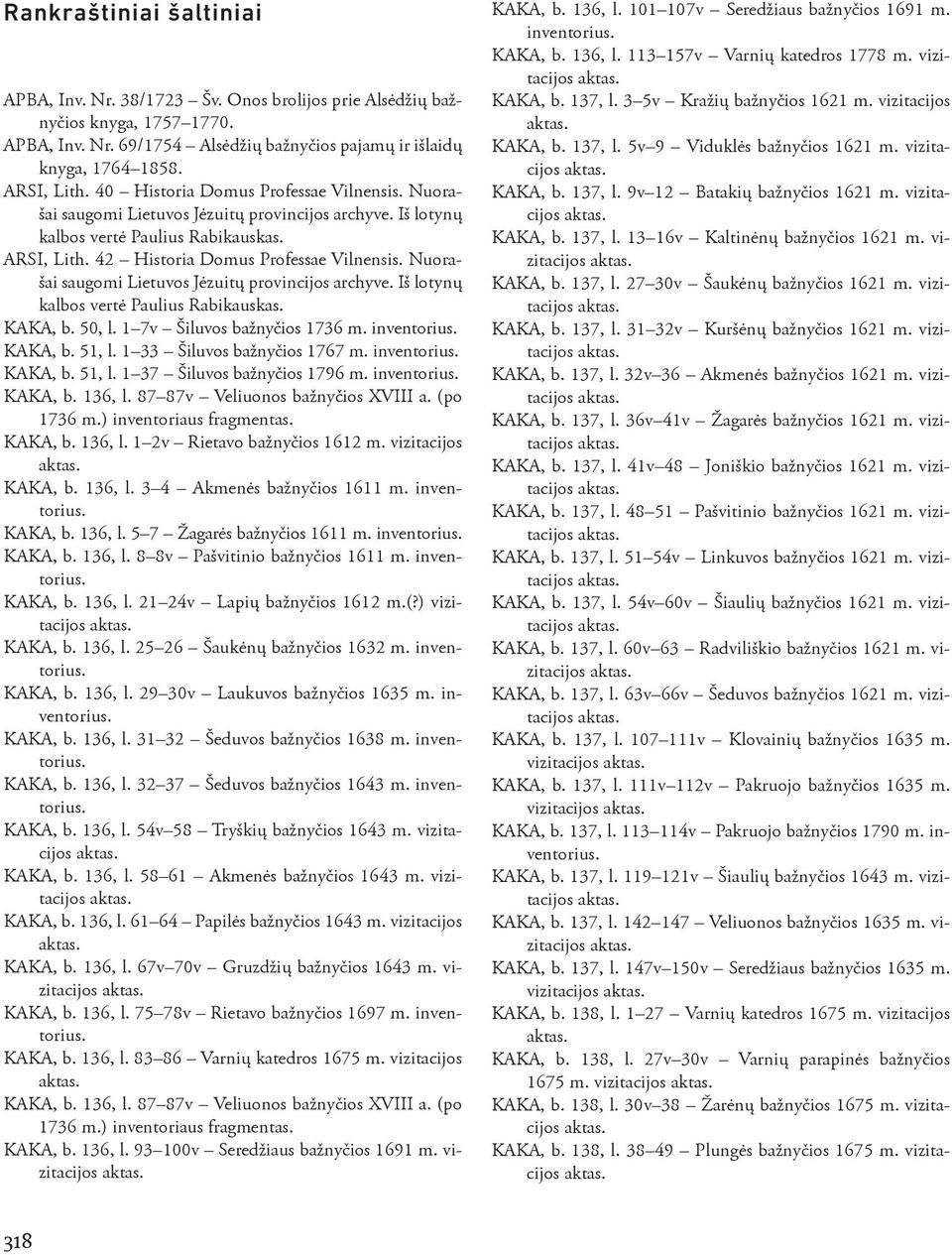 Nuorašai saugomi Lietuvos Jėzuitų provincijos archyve. Iš lotynų kalbos vertė Paulius Rabikauskas. KAKA, b. 50, l. 1 7v Šiluvos bažnyčios 1736 m. inventorius. KAKA, b. 51, l.