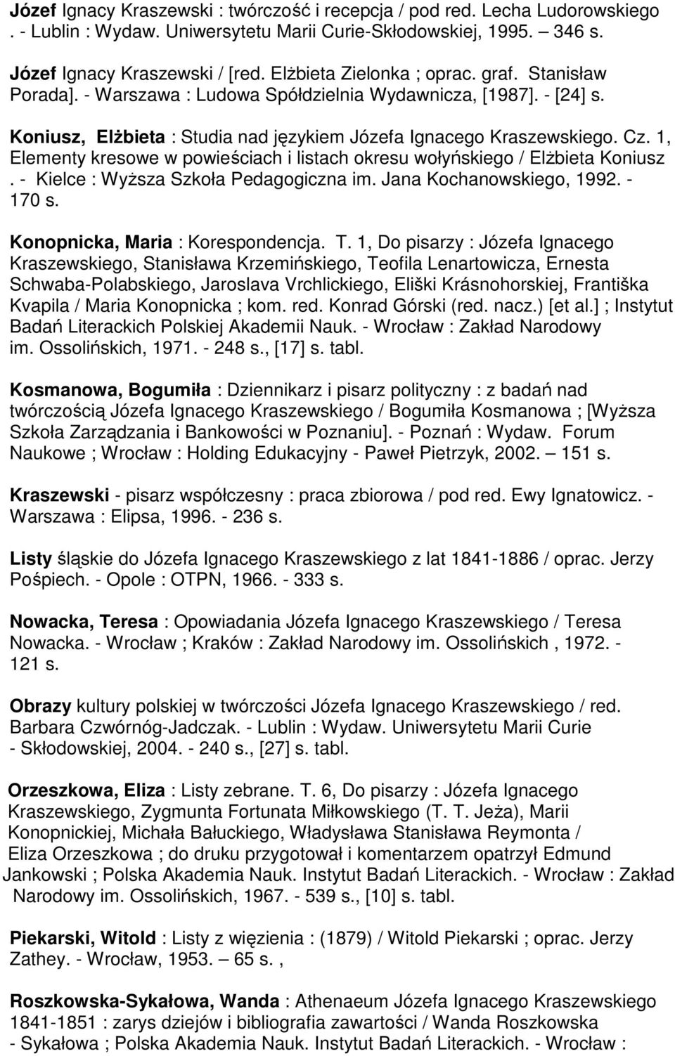 1, Elementy kresowe w powieściach i listach okresu wołyńskiego / Elżbieta Koniusz. - Kielce : Wyższa Szkoła Pedagogiczna im. Jana Kochanowskiego, 1992. - 170 s. Konopnicka, Maria : Korespondencja. T.