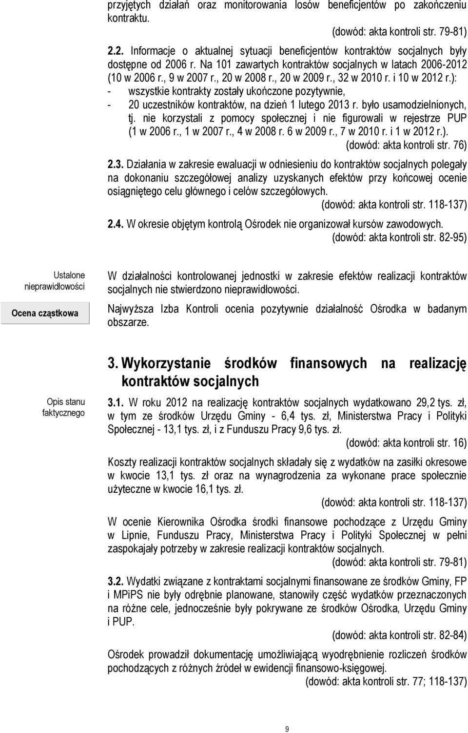 ): - wszystkie kontrakty zostały ukończone pozytywnie, - 20 uczestników kontraktów, na dzień 1 lutego 2013 r. było usamodzielnionych, tj.