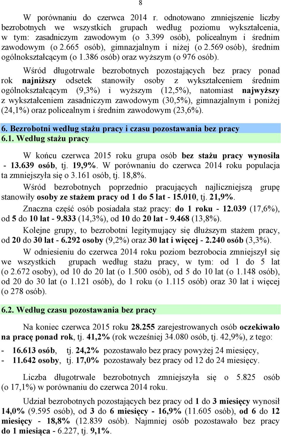 Wśród długotrwale bezrobotnych pozostających bez pracy ponad rok najniższy odsetek stanowiły osoby z wykształceniem średnim ogólnokształcącym (9,3%) i wyższym (12,5%), natomiast najwyższy z