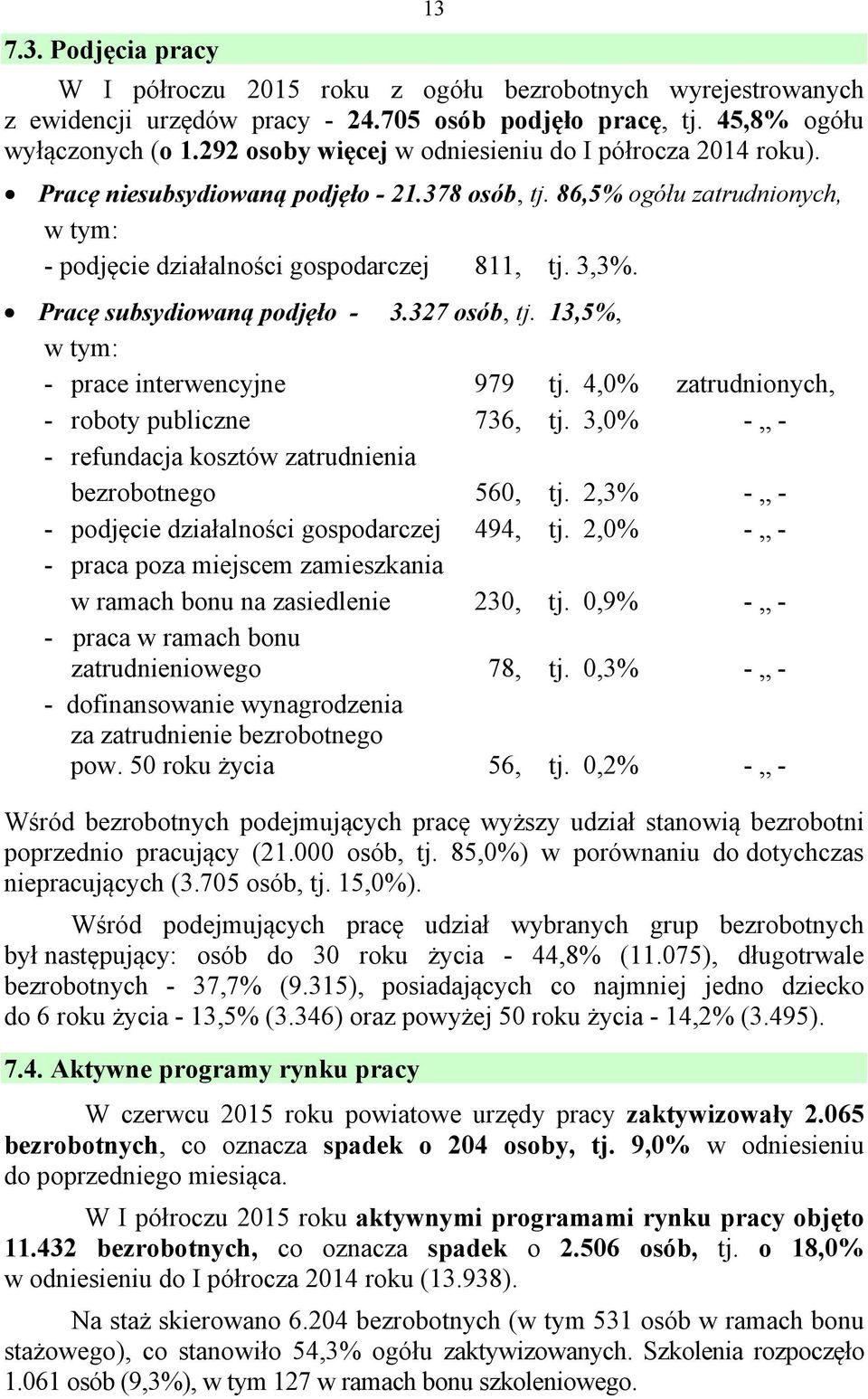 Pracę subsydiowaną podjęło - 3.327 osób, tj. 13,5%, w tym: - prace interwencyjne 979 tj. 4,0% zatrudnionych, - roboty publiczne 736, tj.