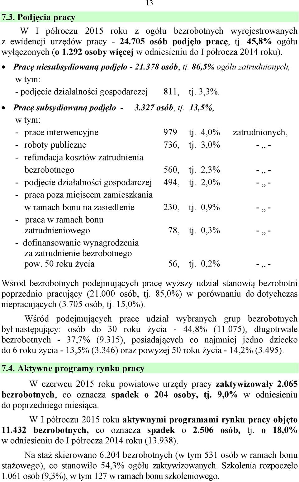 Pracę subsydiowaną podjęło - 3.327 osób, tj. 13,5%, w tym: - prace interwencyjne 979 tj. 4,0% zatrudnionych, - roboty publiczne 736, tj.