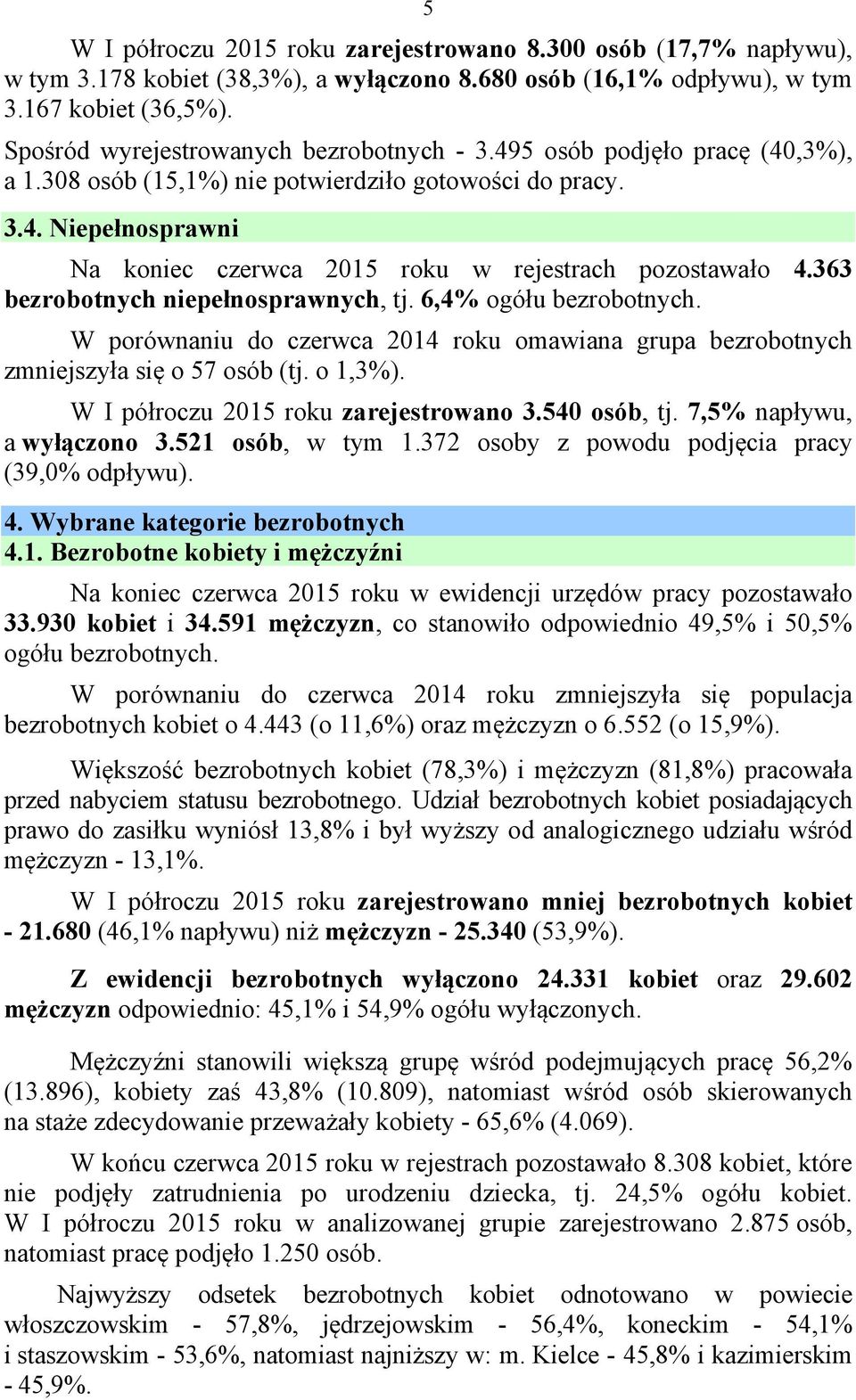 363 bezrobotnych niepełnosprawnych, tj. 6,4% ogółu bezrobotnych. W porównaniu do czerwca 2014 roku omawiana grupa bezrobotnych zmniejszyła się o 57 osób (tj. o 1,3%).