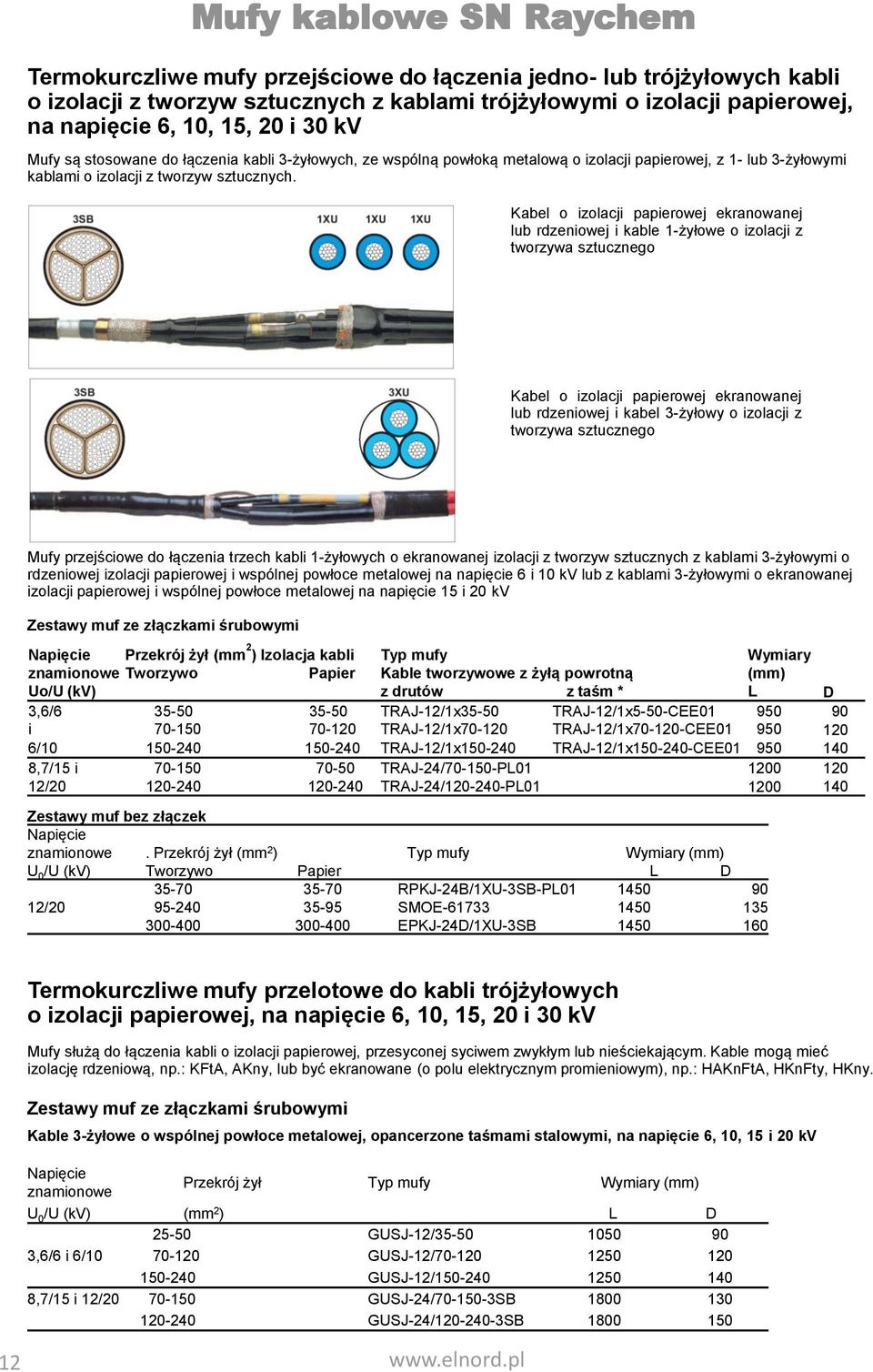 Kabel o izolacji papierowej ekranowanej lub rdzeniowej i kable 1-żyłowe o izolacji z tworzywa sztucznego Kabel o izolacji papierowej ekranowanej lub rdzeniowej i kabel 3-żyłowy o izolacji z tworzywa