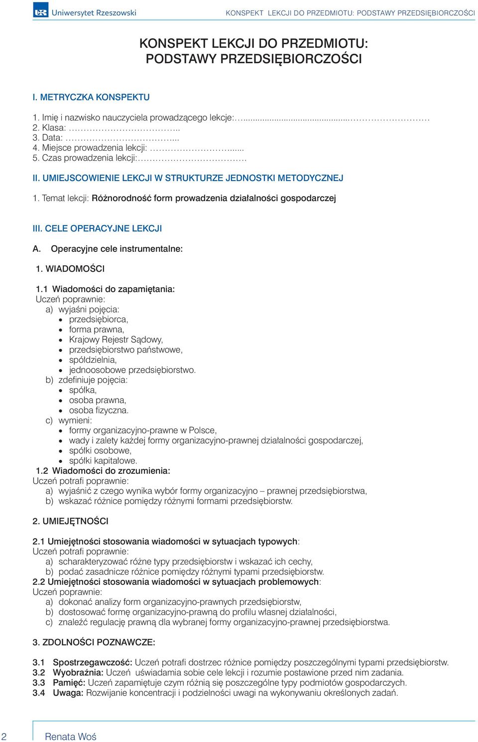 Operacyjne cele instrumentalne: 1. WIADOMOŚCI 1.