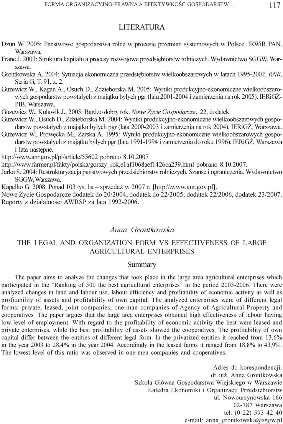 RNR, Seria G, T. 91, z. 2. Guzewicz W., Kagan A., Osuch D., Zdzieborska M.