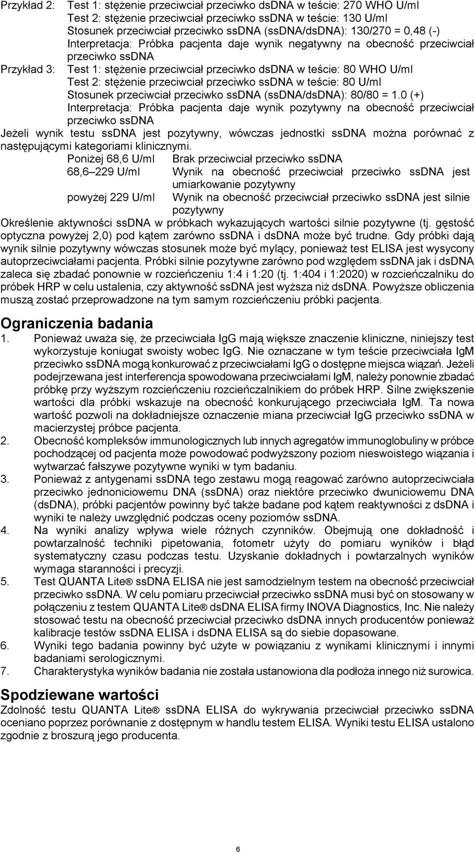 stężenie przeciwciał przeciwko ssdna w teście: 80 U/ml Stosunek przeciwciał przeciwko ssdna (ssdna/dsdna): 80/80 = 1.