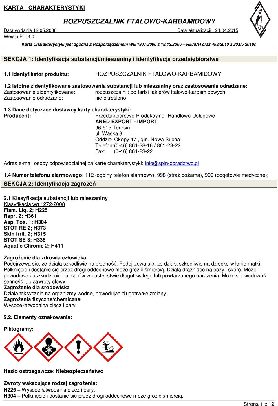 odradzane: nie określono 1.3 Dane dotyczące dostawcy karty charakterystyki: Producent: Przedsiębiorstwo Produkcyjno- Handlowo-Usługowe ANED EXPORT - IMPORT 96-515 Teresin ul.