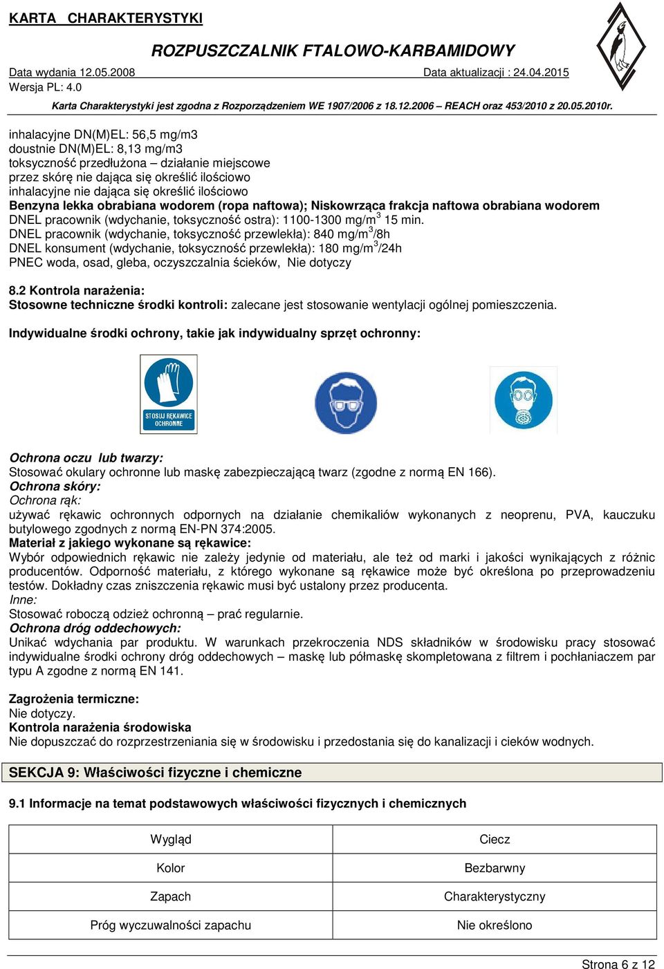 DNEL pracownik (wdychanie, toksyczność przewlekła): 840 mg/m 3 /8h DNEL konsument (wdychanie, toksyczność przewlekła): 180 mg/m 3 /24h PNEC woda, osad, gleba, oczyszczalnia ścieków, Nie dotyczy 8.