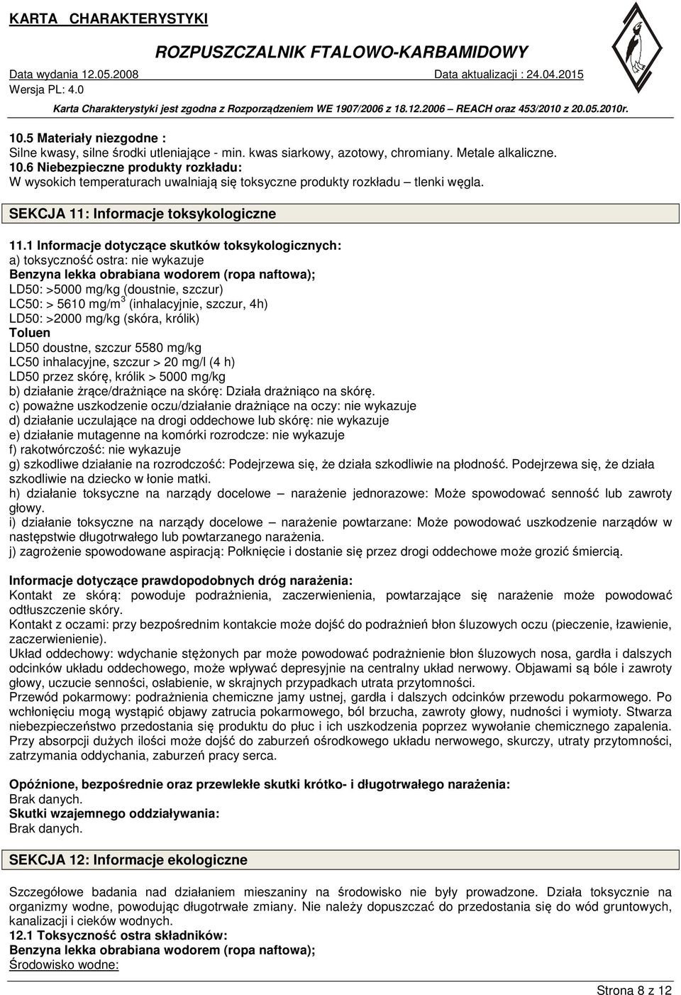1 Informacje dotyczące skutków toksykologicznych: a) toksyczność ostra: nie wykazuje Benzyna lekka obrabiana wodorem (ropa naftowa); LD50: >5000 mg/kg (doustnie, szczur) LC50: > 5610 mg/m 3
