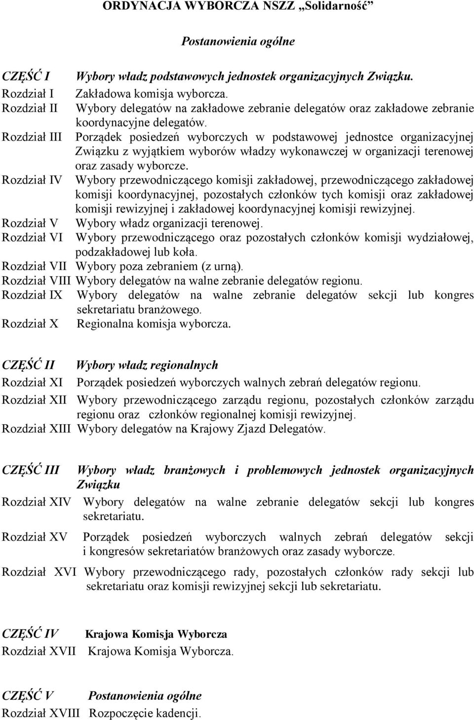 Rozdział III Porządek posiedzeń wyborczych w podstawowej jednostce organizacyjnej Związku z wyjątkiem wyborów władzy wykonawczej w organizacji terenowej oraz zasady wyborcze.