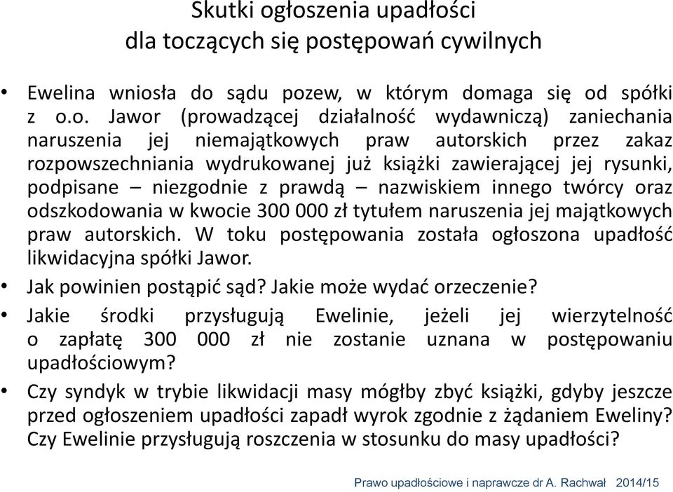 tępowań cywilnych Ewelina wniosła do sądu pozew, w którym domaga się od spółki z o.o. Jawor (prowadzącej działalność wydawniczą) zaniechania naruszenia jej niemajątkowych praw autorskich przez zakaz