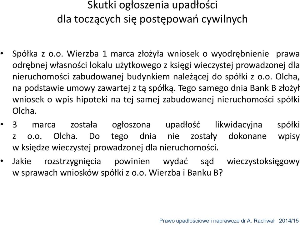 tępowań cywilnych Spółka z o.o. Wierzba 1 marca złożyła wniosek o wyodrębnienie prawa odrębnej własności lokalu użytkowego z księgi wieczystej prowadzonej dla