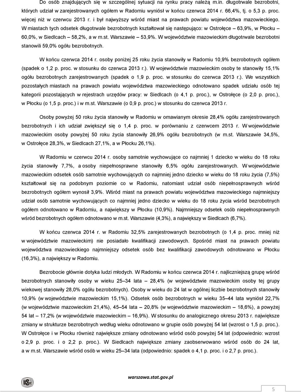 W miastach tych odsetek długotrwale bezrobotnych kształtował się następująco: w Ostrołęce 63,9%, w Płocku 60,0%, w Siedlcach 58,2%, a w m.st. Warszawie 53,9%.