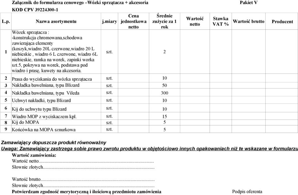 czerwone,wiadro 20 L niebieskie, wiadro 6 L czerwone, wiadro 6L szt. 2 niebieskie, ramka na worek, zapinki worka szt.5, pokrywa na worek, podstawa pod wiadro i prasę, kuwety na akcesoria.