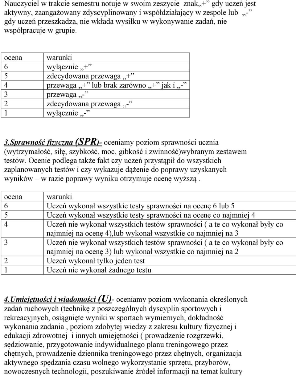 Sprawność fizyczna (SPR)- oceniamy poziom sprawności ucznia (wytrzymałość, siłę, szybkość, moc, gibkość i zwinność)wybranym zestawem testów.