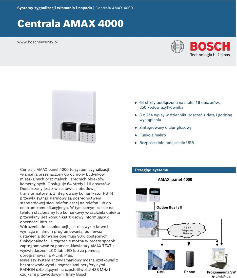 Centrala AMAX panel 4000 to system sygnalizacji włamania przeznaczony do ochrony bdynków mieszkalnych oraz małych i średnich obiektów komercyjnych. Obsłgje 64 strefy i 16 obszarów.