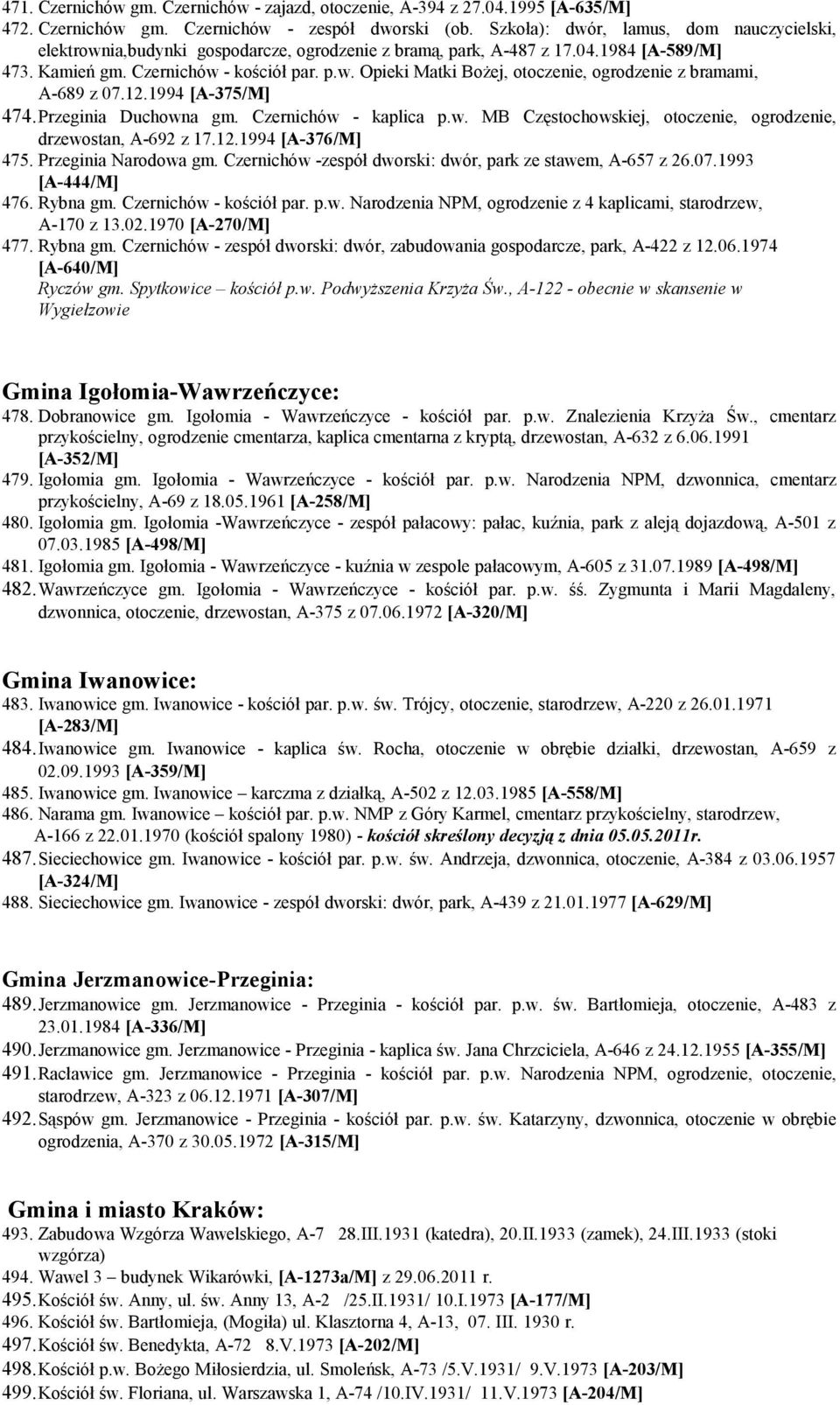 12.1994 [A-375/M] 474.Przeginia Duchowna gm. Czernichów - kaplica p.w. MB Częstochowskiej, otoczenie, ogrodzenie, drzewostan, A-692 z 17.12.1994 [A-376/M] 475. Przeginia Narodowa gm.