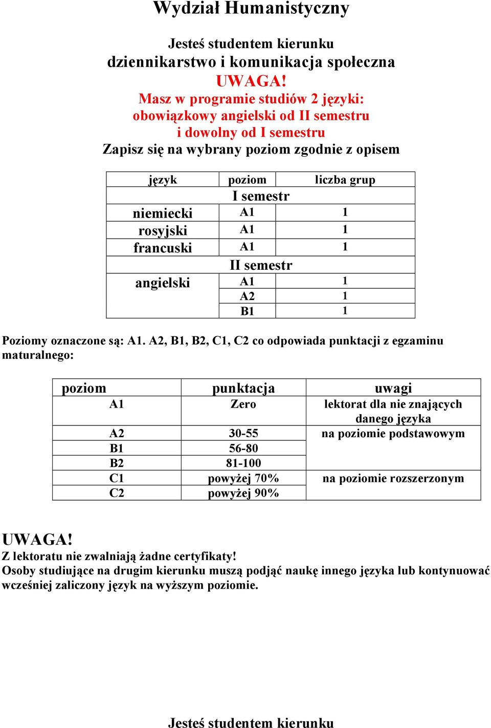 dowolny od I semestru Zapisz się na wybrany poziom zgodnie z opisem I semestr