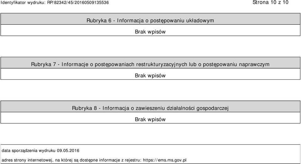 Informacja o zawieszeniu działalności gospodarczej data sporządzenia wydruku 09.05.