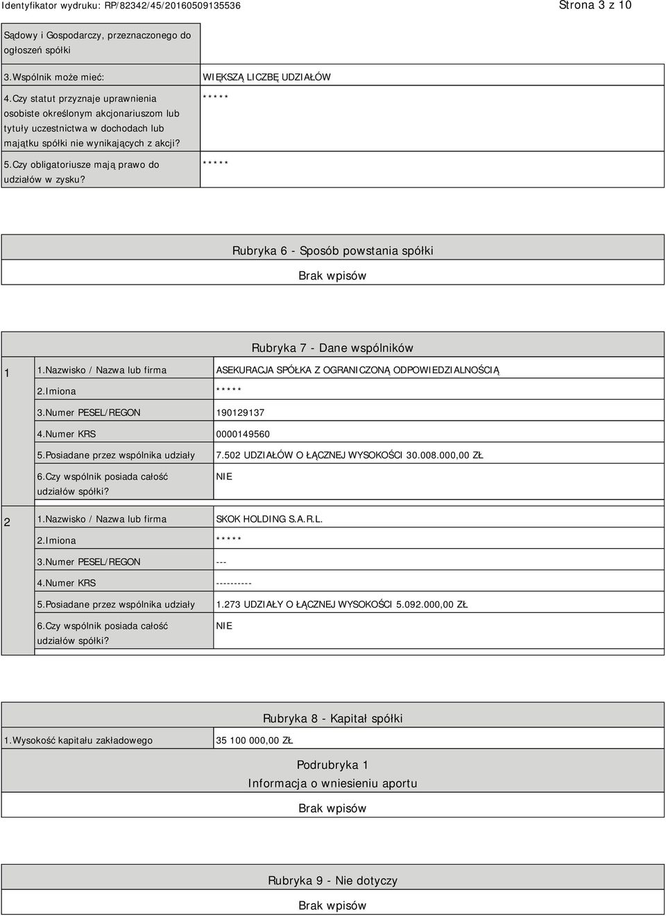 Czy obligatoriusze mają prawo do udziałów w zysku? WIĘKSZĄ LICZBĘ UDZIAŁÓW ***** ***** Rubryka 6 - Sposób powstania spółki Rubryka 7 - Dane wspólników 1 1.