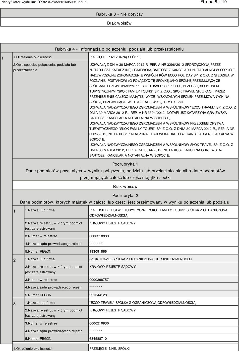 A NR 3296/2012 SPORZĄDZONĄ PRZEZ NOTARIUSZA KATARZYNĘ GRAJEWSKĄ-BARTOSZ Z KANCELARII NOTARIALNEJ W SOPOCIE, NADZWYCZAJNE ZGROMADZENIE WSPÓLNIKÓW ECCO HOLIDAY SP. Z O.O. Z SIEDZIBĄ W POZNANIU POSTANOWIŁO POŁĄCZYĆ TĘ SPÓŁKĘ JAKO SPÓŁKĘ PRZEJMUJĄCĄ ZE SPÓŁKAMI PRZEJMOWANYMI: "ECCO TRAVEL" SP.