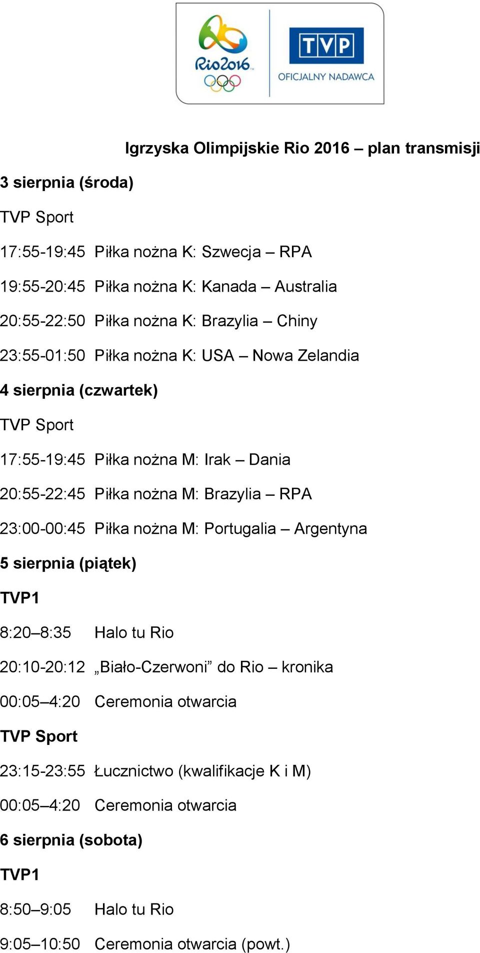 Brazylia RPA 23:00-00:45 Piłka nożna M: Portugalia Argentyna 5 sierpnia (piątek) 8:20 8:35 Halo tu Rio 20:10-20:12 Biało-Czerwoni do Rio kronika 00:05 4:20