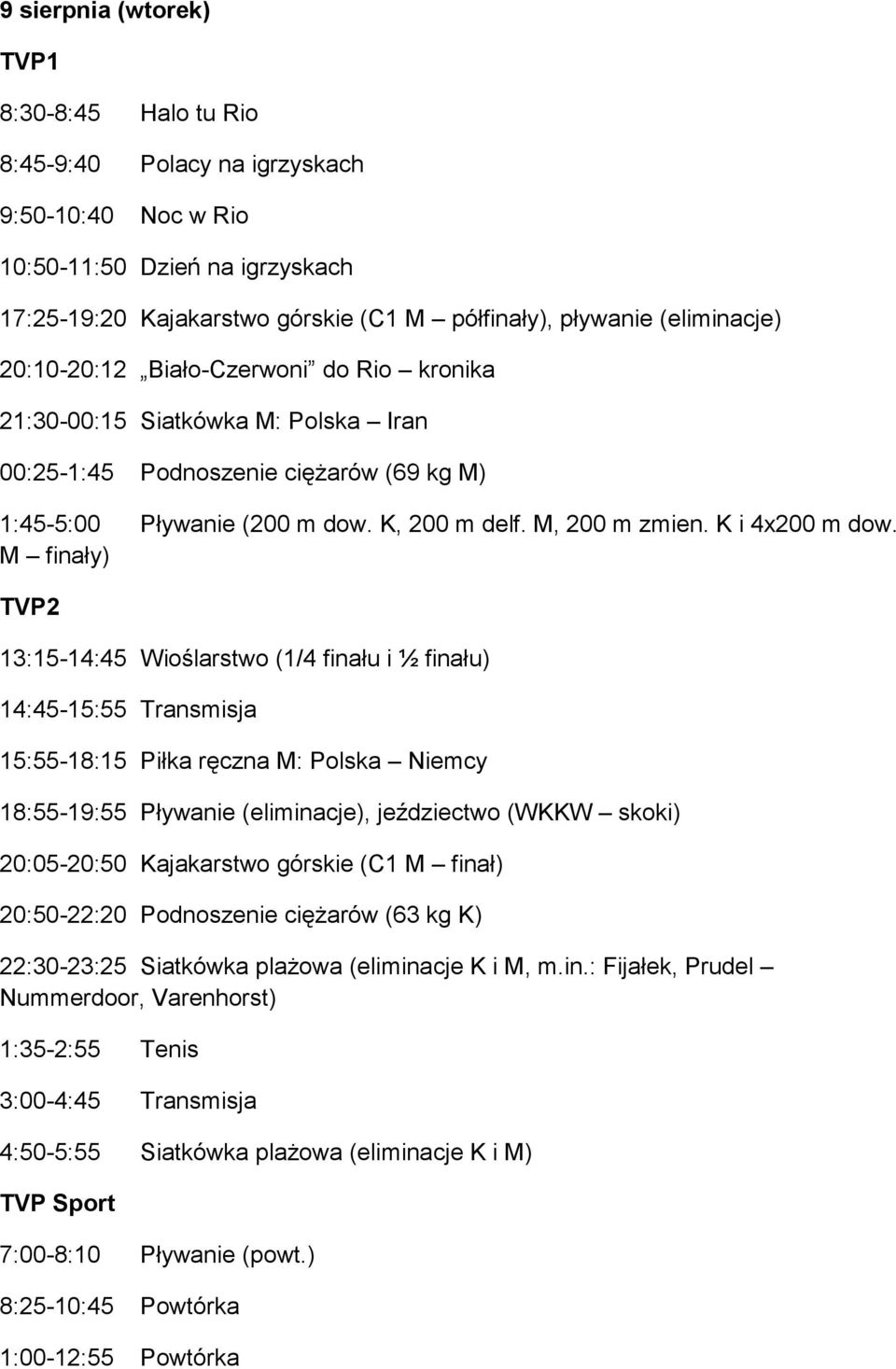 M finały) 13:15-14:45 Wioślarstwo (1/4 finału i ½ finału) 14:45-15:55 Transmisja 15:55-18:15 Piłka ręczna M: Polska Niemcy 18:55-19:55 Pływanie (eliminacje), jeździectwo (WKKW skoki) 20:05-20:50