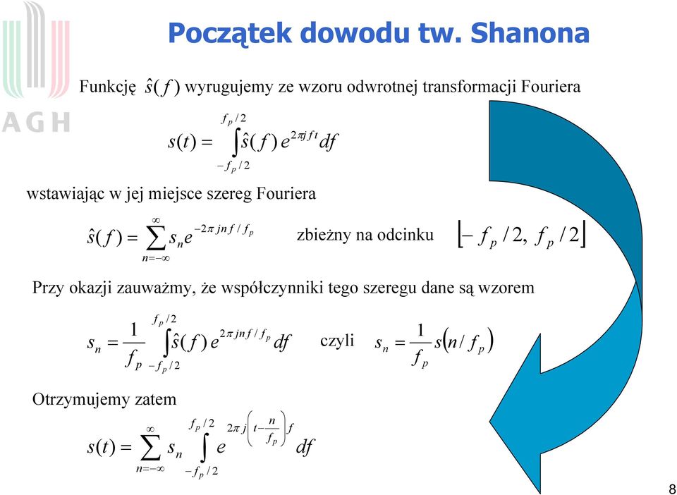 odwroej raormacji Fouriera wawiając w jej miejce zereg Fouriera