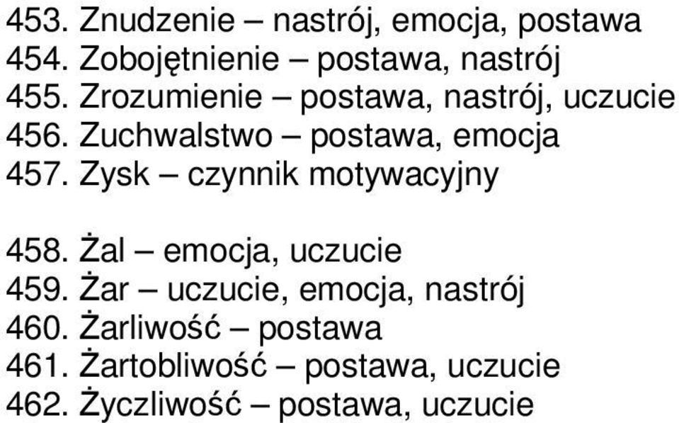 Zysk czynnik motywacyjny 458. Żal emocja, uczucie 459.