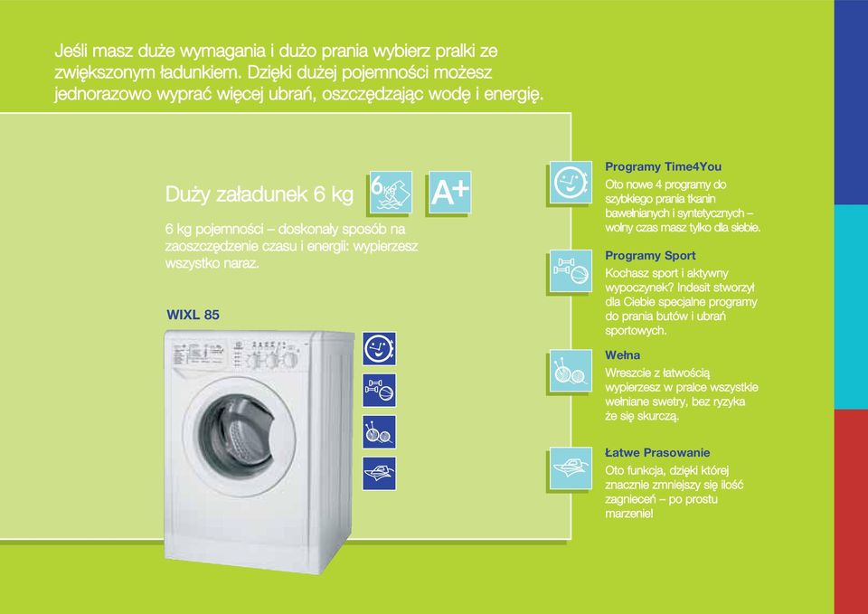 WIXL 8 Programy Time4You Oto nowe 4 programy do szybkiego prania tkanin baweδnianych i syntetycznych wolny czas masz tylko dla siebie. Programy Sport Kochasz sport i aktywny wypoczynek?
