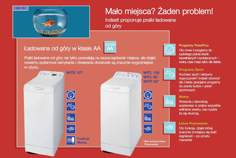 znacznie wygodniejsze w u yciu. WITE 127 WITL 10 WITL 8 WITP 82* Programy Time4You Oto nowe 4 programy do szybkiego prania tkanin baweδnianych i syntetycznych wolny czas masz tylko dla siebie.