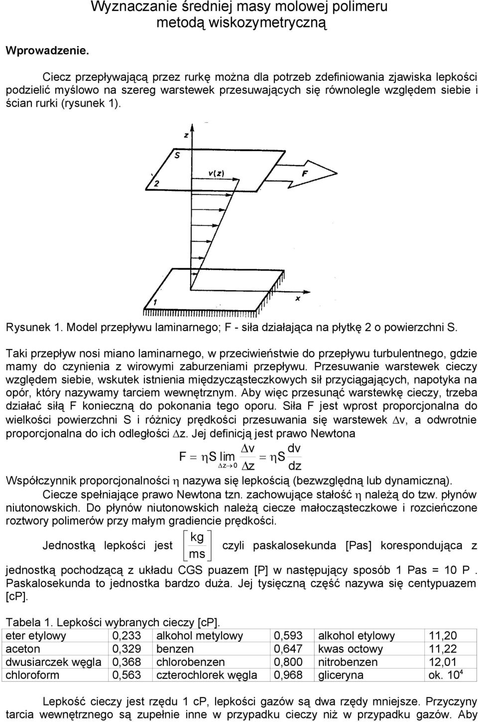 sebe śa rurk (rysuek 1). Rysuek 1. Model przepływu lamarego; F - sła dzałająa a płytkę o powerzh S.