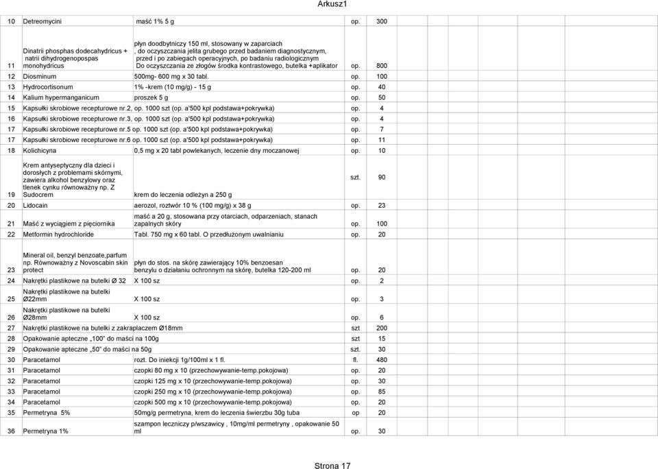 operacyjnych, po badaniu radiologicznym 11 monohydricus Do oczyszczania ze złogów środka kontrastowego, butelka +aplikator op. 800 12 Diosminum 500mg- 600 mg x 30 tabl. op. 100 13 Hydrocortisonum 1% -krem (10 mg/g) - 15 g op.