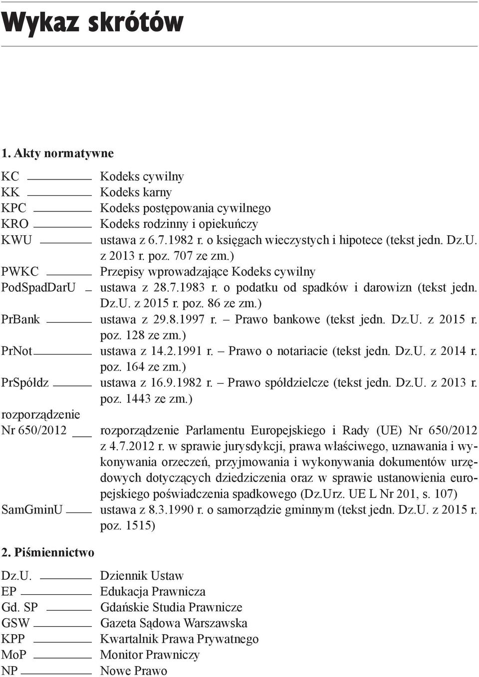 o podatku od spadków i darowizn (tekst jedn. Dz.U. z 2015 r. poz. 86 ze zm.) PrBank ustawa z 29.8.1997 r. Prawo bankowe (tekst jedn. Dz.U. z 2015 r. poz. 128 ze zm.) PrNot ustawa z 14.2.1991 r.