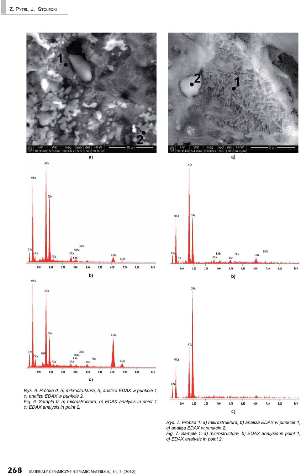 Sample 0: a) microstructure, EDAX analysis in point 1, c) EDAX analysis in point 2. c) Rys. 7.