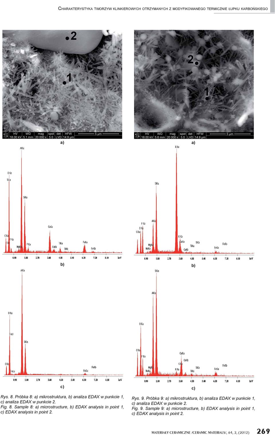 c) Rys. 9. Próbka 9: a) mikrostruktura, analiza EDAX w punkcie 1, c) analiza EDAX w punkcie 2. Fig. 9. Sample 9: a) microstructure, EDAX analysis in point 1, c) EDAX analysis in point 2.
