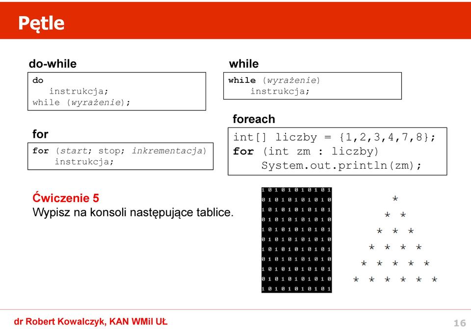 for (start; stop; inkrementacja) for (int zm : liczby) instrukcja;