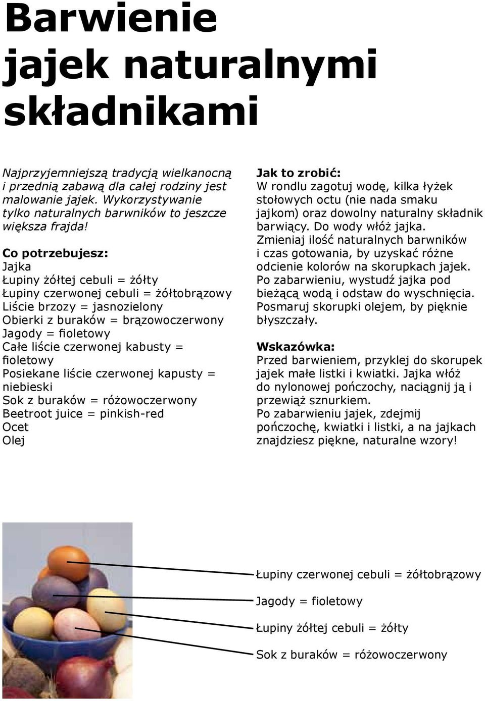 Co potrzebujesz: Jajka Łupiny żółtej cebuli = żółty Łupiny czerwonej cebuli = żółtobrązowy Liście brzozy = jasnozielony Obierki z buraków = brązowoczerwony Jagody = fioletowy Całe liście czerwonej